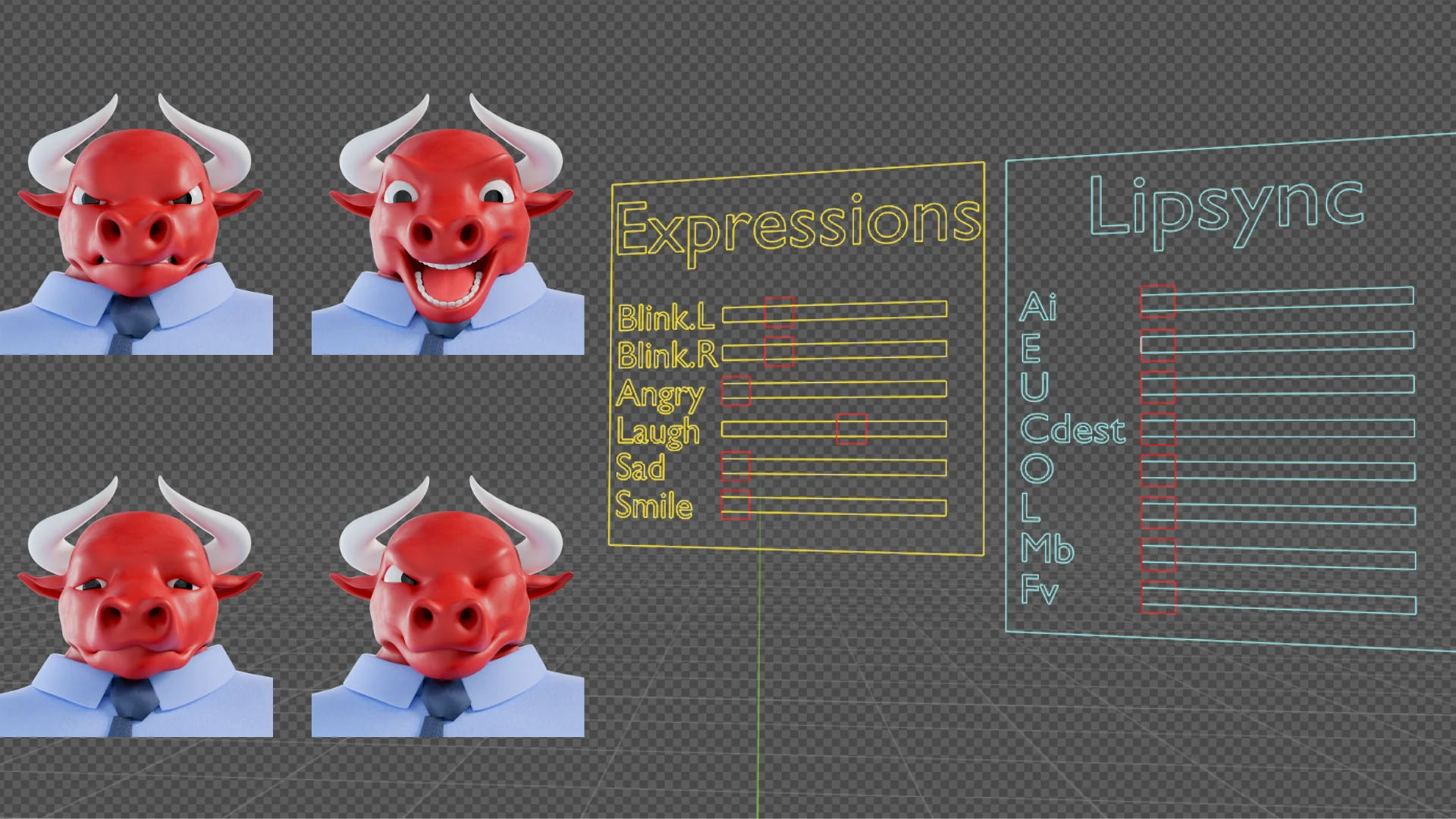 Various facial expressions and lip sync capabilities for business bull mascot